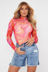 Hot Pink Abstract Print High Neck Bodysuit - Verity-Bodysuits
