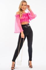 Hot Pink Mesh Frill Bardot Top - Rowe-Crop Tops