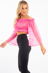 Hot Pink Mesh Frill Bardot Top - Rowe-Crop Tops