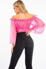 Hot Pink Mesh Frill Bardot Top - Rowe-Crop Tops