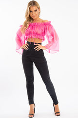 Hot Pink Mesh Frill Bardot Top - Rowe-Crop Tops