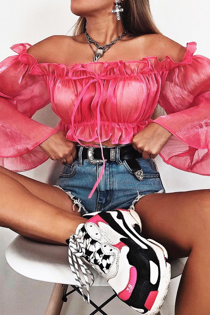 Hot Pink Mesh Frill Bardot Top - Rowe-Crop Tops