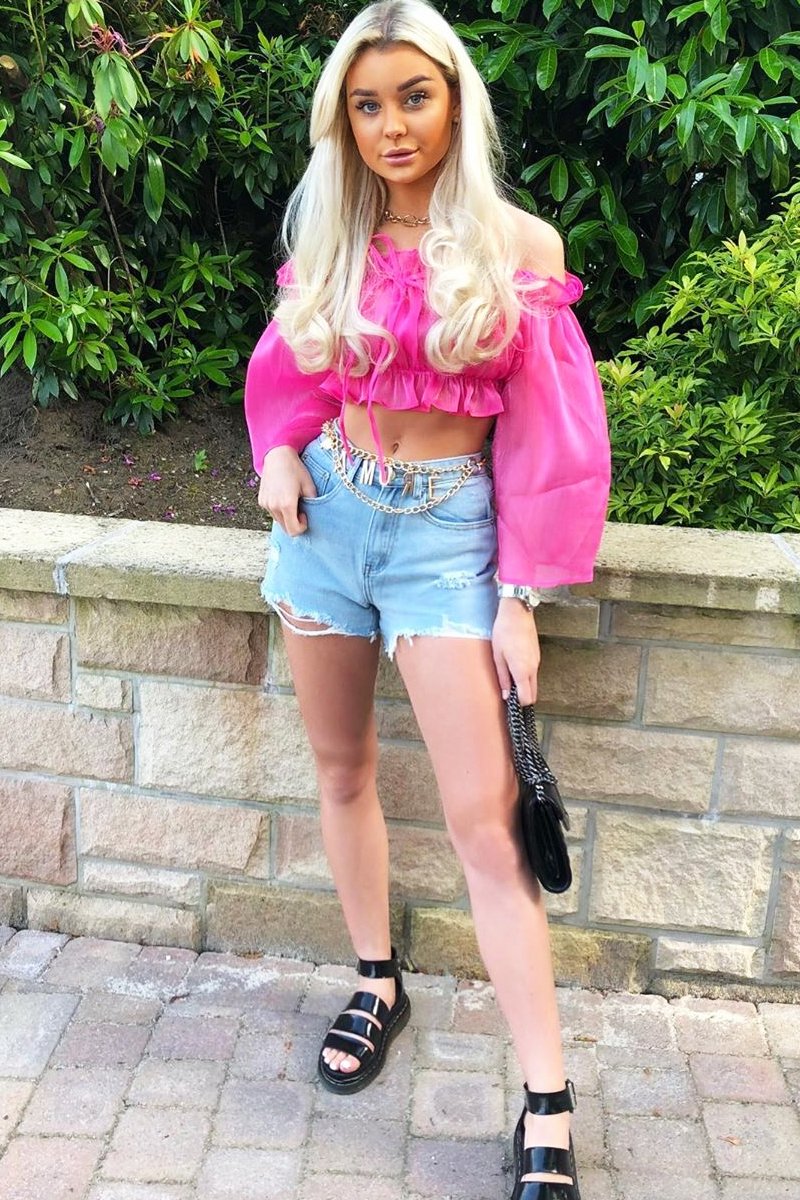 Hot Pink Mesh Frill Bardot Top - Rowe-Crop Tops