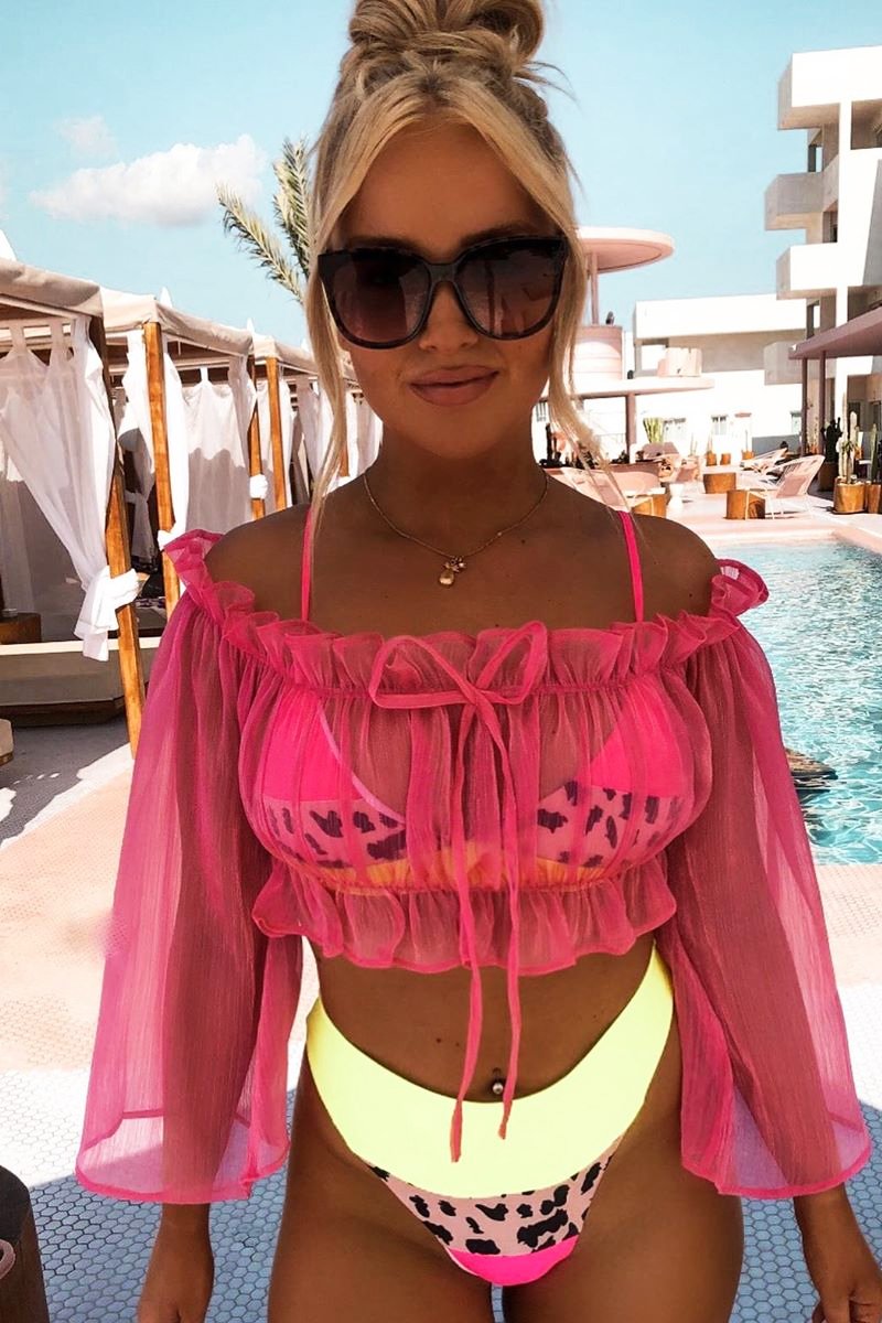 Hot Pink Mesh Frill Bardot Top - Rowe-Crop Tops