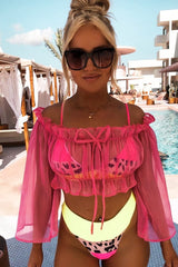 Hot Pink Mesh Frill Bardot Top - Rowe-Crop Tops