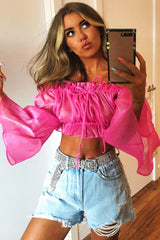 Hot Pink Mesh Frill Bardot Top - Rowe-Crop Tops