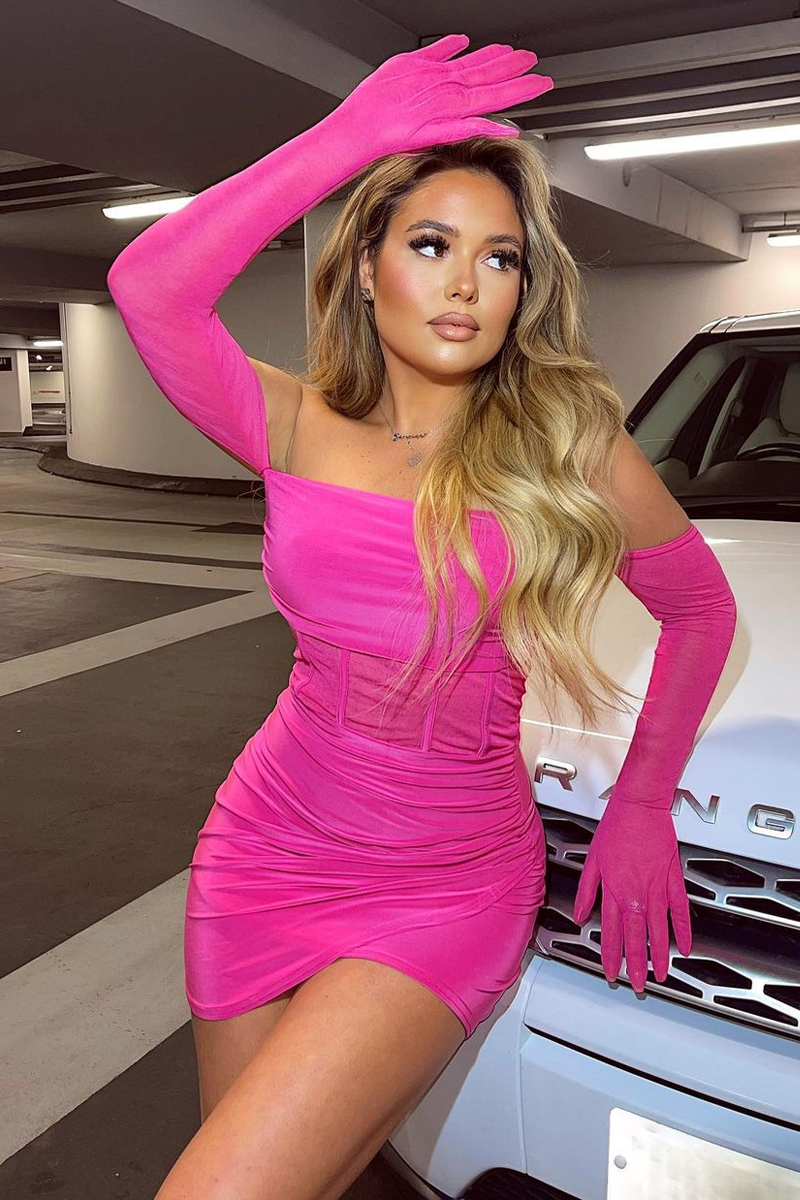 hot pink dress with gloves Mew Mews Gali Sequin Gloves Mini Dress In Hot Pink
