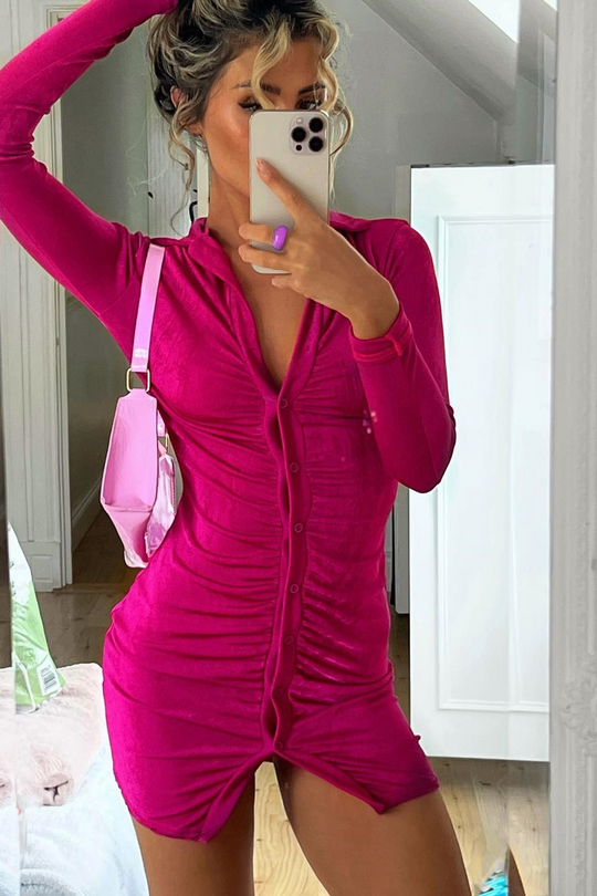 Hot Pink Acetate Slinky Gathered Front Shirt Dress - Gia