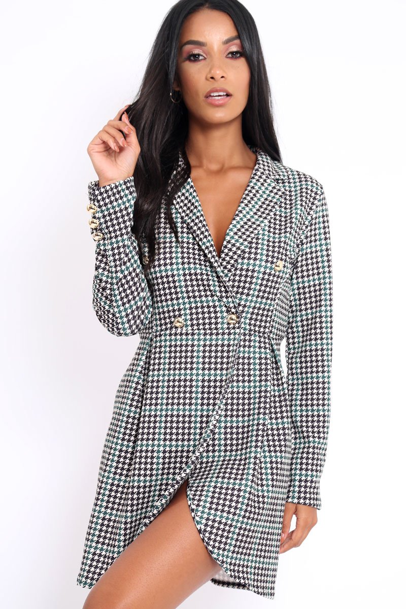 Hound-Tooth Button Detail Blazer Dress - Kayleigh-Dresses