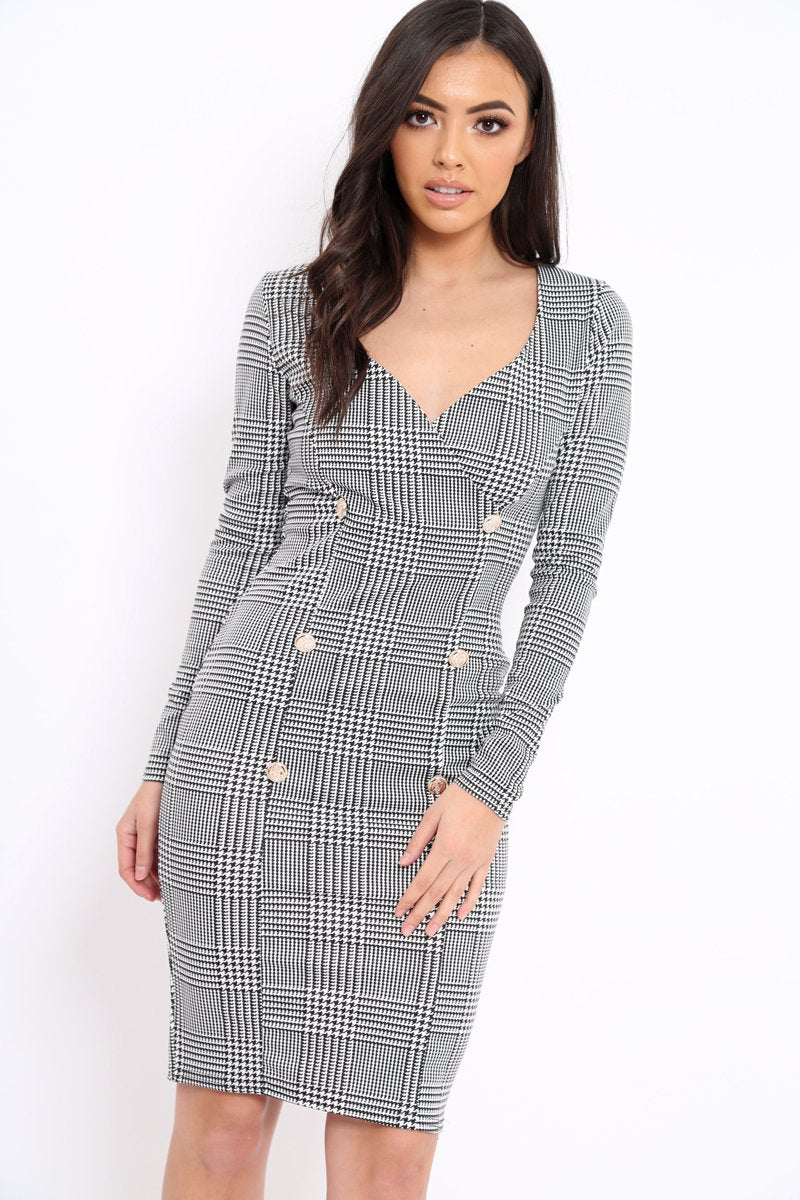 Hound-Tooth Button Detail Blazer Midi Dress - Sariah-Dresses