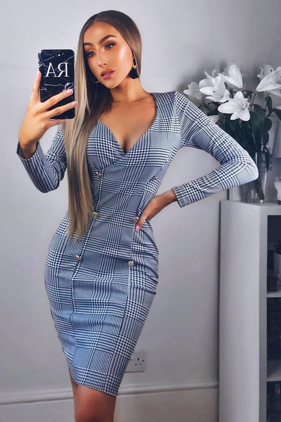 Hound-Tooth Button Detail Blazer Midi Dress - Sariah-Dresses