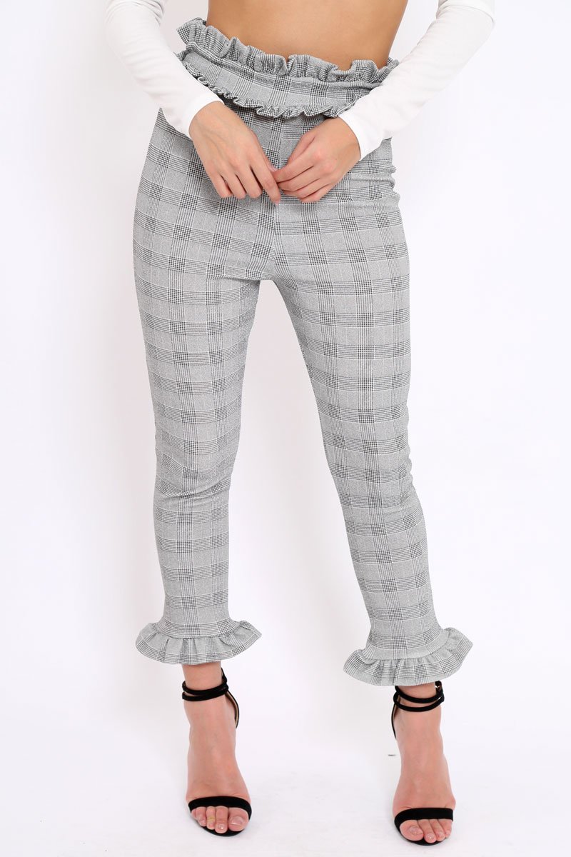 Hound-Tooth Frill Hem Trousers - Adella-Trousers