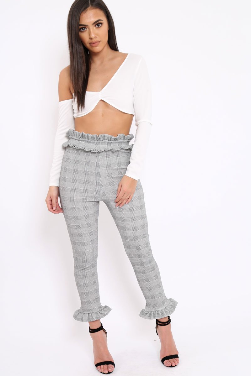 Hound-Tooth Frill Hem Trousers - Adella-Trousers