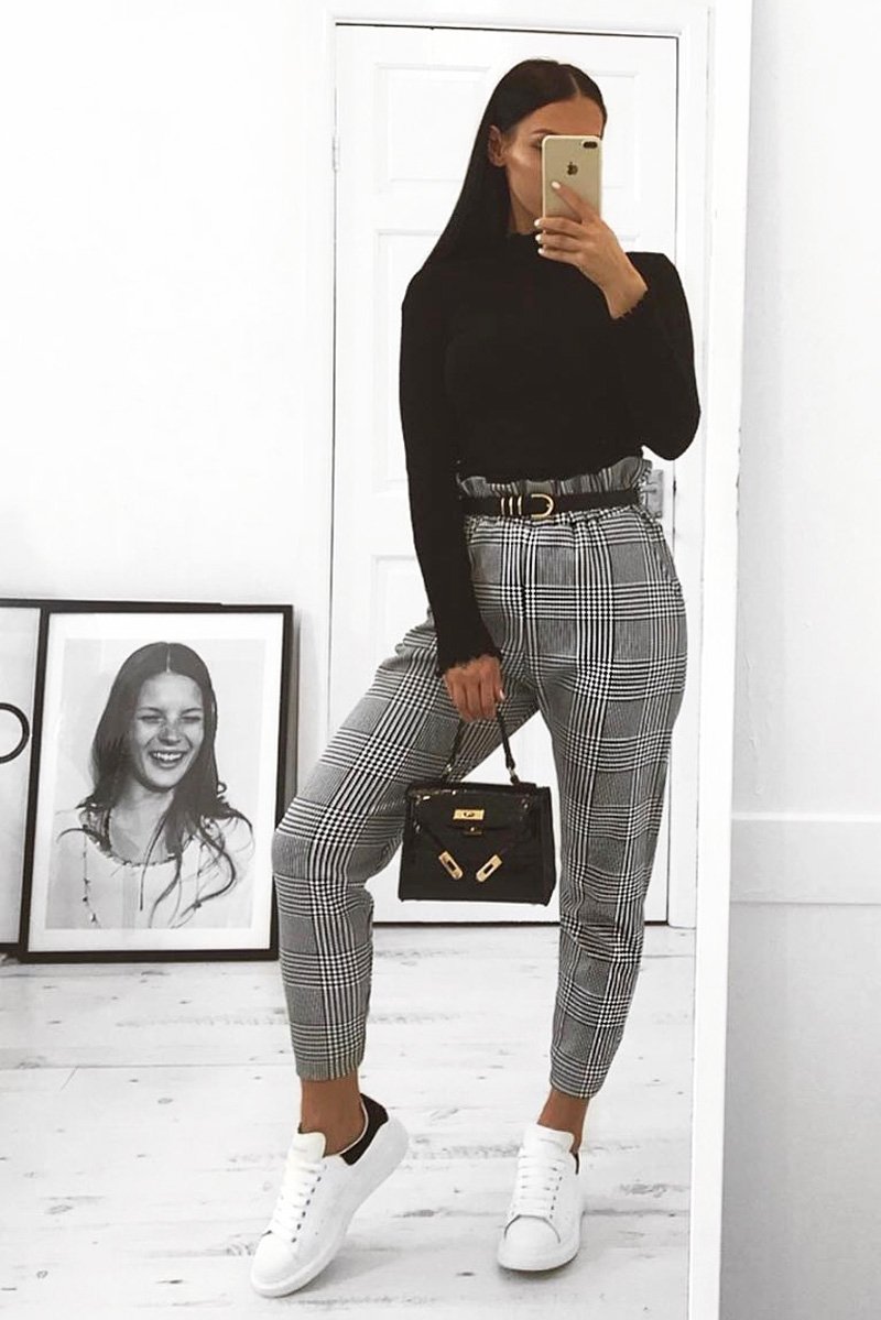 Hound-Tooth Paper Bag Tie Waist Cigarette Trousers - Karmen-Trousers