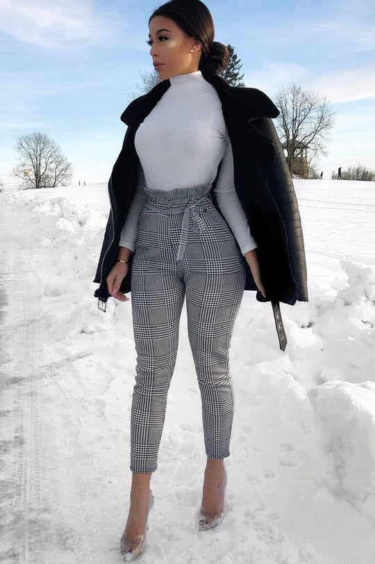 Hound-Tooth Paper Bag Tie Waist Cigarette Trousers - Karmen