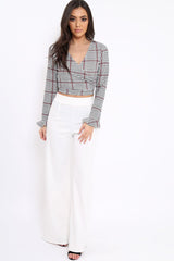 Hound-Tooth Plunge Bell Sleeve Crop Top - Kryanna-Crop Tops