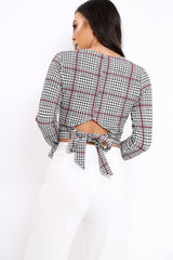 Hound-Tooth Plunge Bell Sleeve Crop Top - Kryanna-Crop Tops