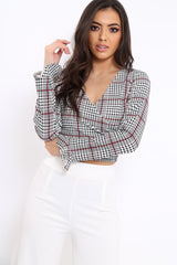 Hound-Tooth Plunge Bell Sleeve Crop Top - Kryanna-Crop Tops