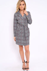 Hound-Tooth Tartan Button Tie Front Blazer Dress - Clare-Dresses