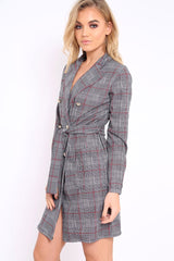 Hound-Tooth Tartan Button Tie Front Blazer Dress - Clare-Dresses