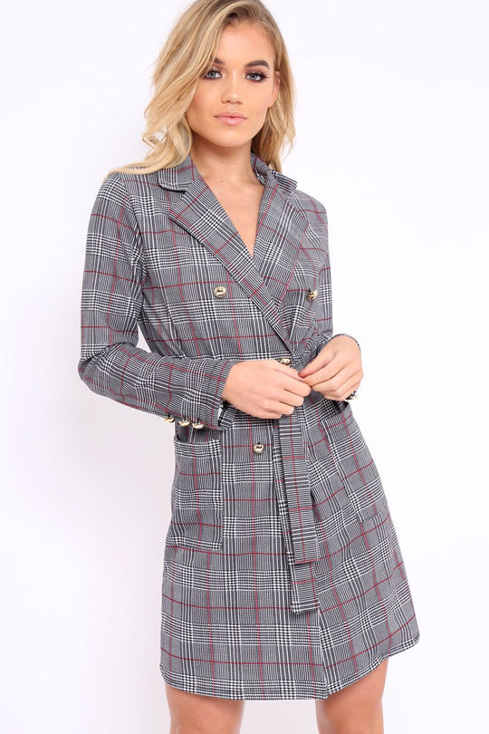 Hound-Tooth Tartan Button Tie Front Blazer Dress - Clare