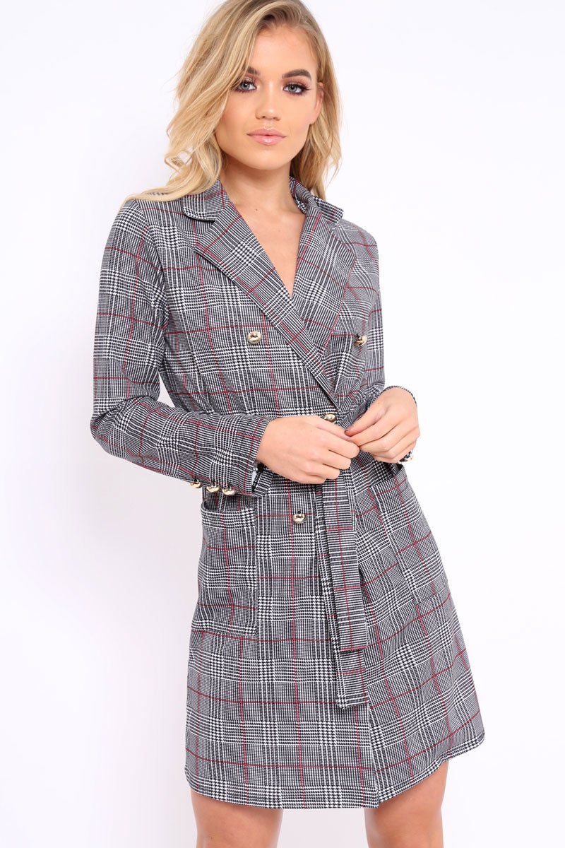 Hound-Tooth Tartan Button Tie Front Blazer Dress - Clare-Dresses