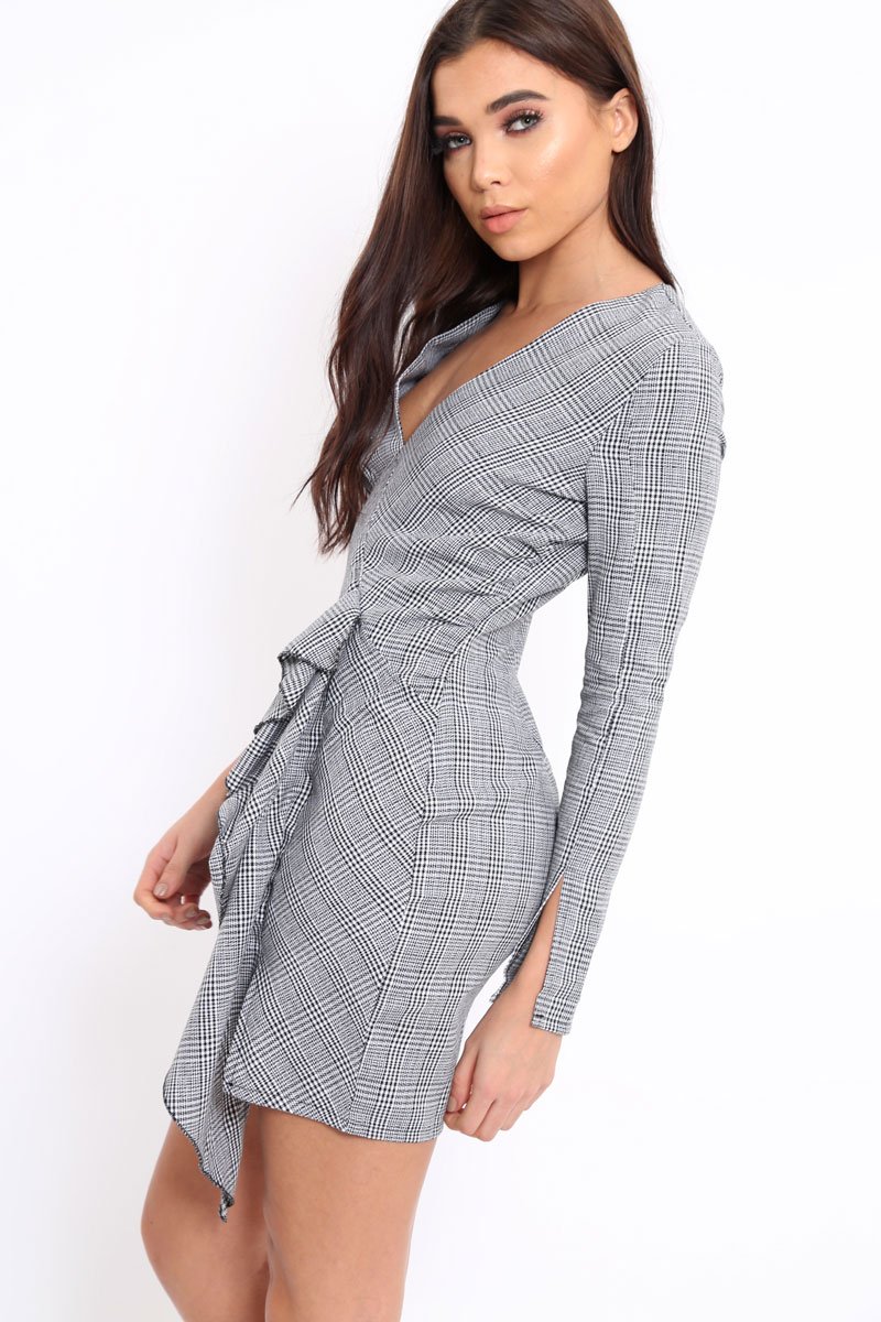 Hound-Tooth V Plunge Ruffle Hem Mini Dress - Zahra-Dresses