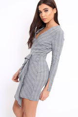 Hound-Tooth V Plunge Ruffle Hem Mini Dress - Zahra-Dresses