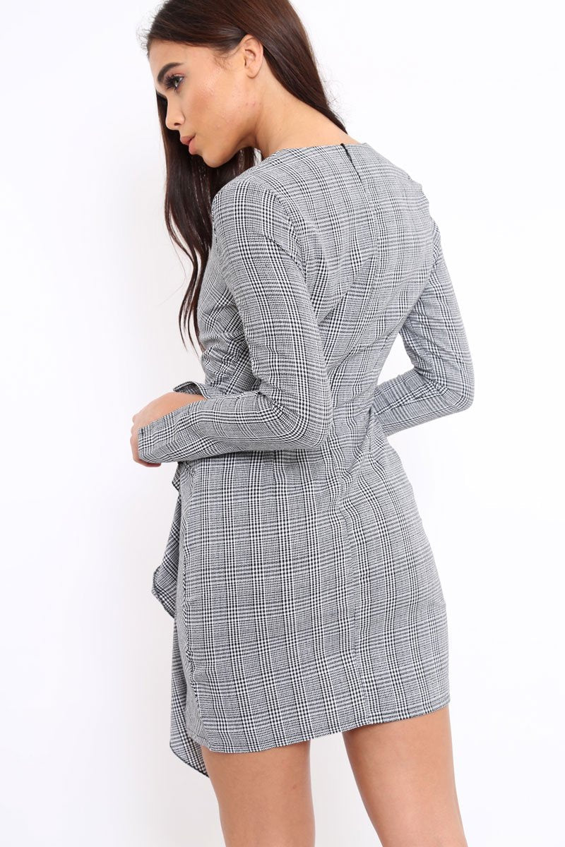 Hound-Tooth V Plunge Ruffle Hem Mini Dress - Zahra-Dresses