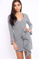 Hound-Tooth V Plunge Ruffle Hem Mini Dress - Zahra-Dresses