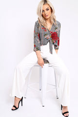 Hounds Tooth Floral Print Tie Front Crop Top - Kaylie-Crop Tops