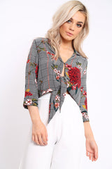 Hounds Tooth Floral Print Tie Front Crop Top - Kaylie-Crop Tops