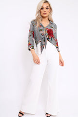 Hounds Tooth Floral Print Tie Front Crop Top - Kaylie-Crop Tops