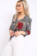 Hounds Tooth Floral Print Tie Front Crop Top - Kaylie-Crop Tops