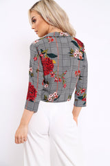 Hounds Tooth Floral Print Tie Front Crop Top - Kaylie-Crop Tops