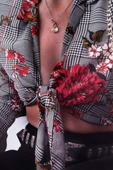 Hounds Tooth Floral Print Tie Front Crop Top - Kaylie-Crop Tops