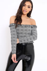 Hounds-Tooth Frill Bardot Crop Top - Benita-Crop Tops