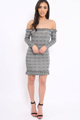 Hounds-Tooth Frill Bardot Dress - Beverly-Dresses