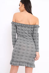 Hounds-Tooth Frill Bardot Dress - Beverly-Dresses