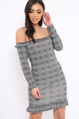 Hounds-Tooth Frill Bardot Dress - Beverly-Dresses