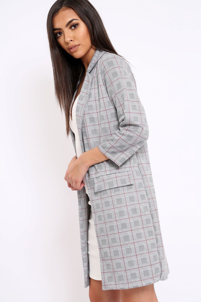 Hounds-tooth Red Tartan Long Blazer - Kerrie-Jackets