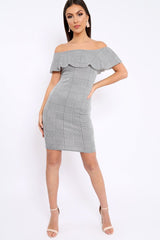 Houndstooth Bardot Ruffle Bodycon Dress - Adrina-Dresses