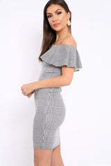 Houndstooth Bardot Ruffle Bodycon Dress - Adrina-Dresses