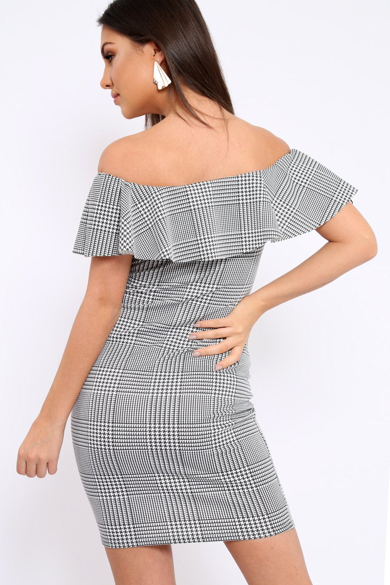 Houndstooth Bardot Ruffle Bodycon Dress - Adrina-Dresses