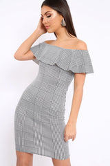 Houndstooth Bardot Ruffle Bodycon Dress - Adrina-Dresses