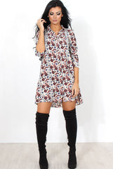 Husi Cream Floral Print Shirt Dress-Dresses
