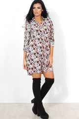 Husi Cream Floral Print Shirt Dress-Dresses