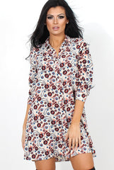 Husi Cream Floral Print Shirt Dress-Dresses