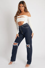 Indigo Mid Wash Denim Distressed Knee Extra Long Jeans - Ivelisse