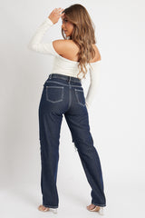 Indigo Mid Wash Denim Distressed Knee Extra Long Jeans - Ivelisse